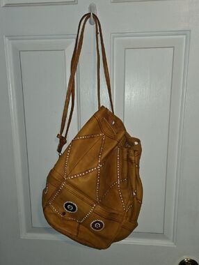 Women’s Tan Patchwork Drawstring Leather Backpack